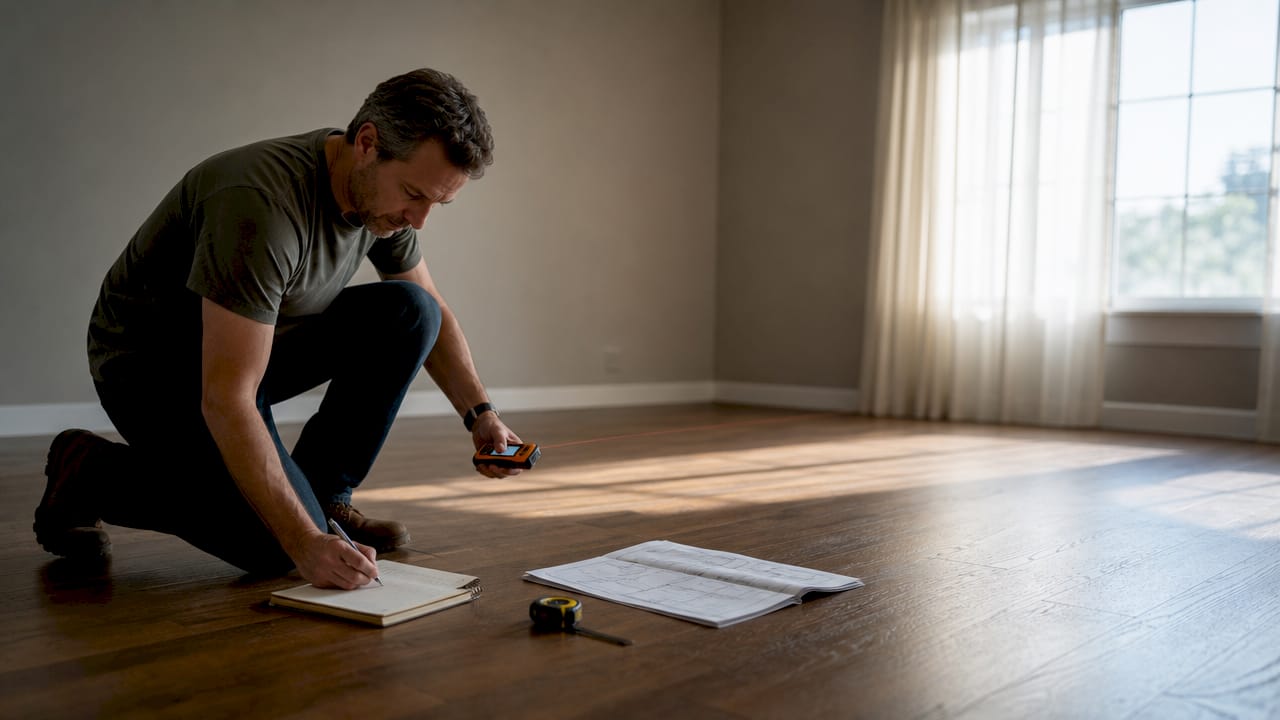 Een man brengt de afmetingen van een kamer in kaart met een digitale laserafstandsmeter.