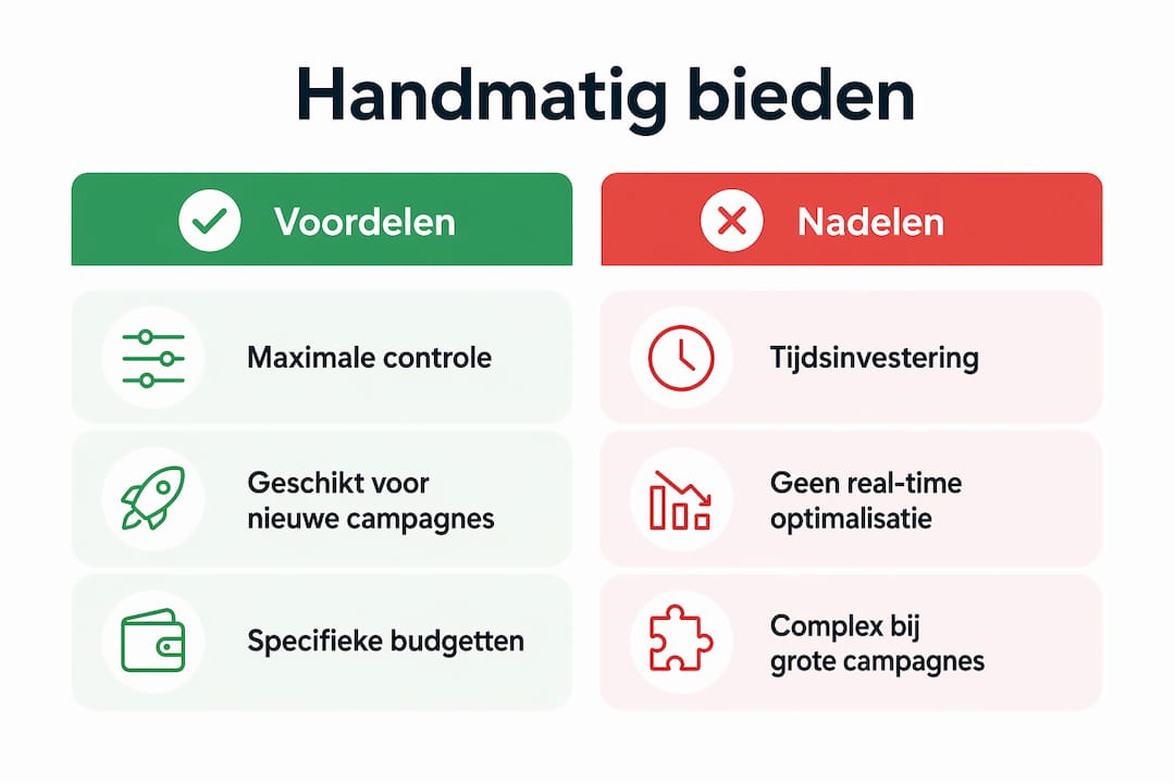 Overzichtelijke infographic met de plus- en minpunten van handmatig bieden