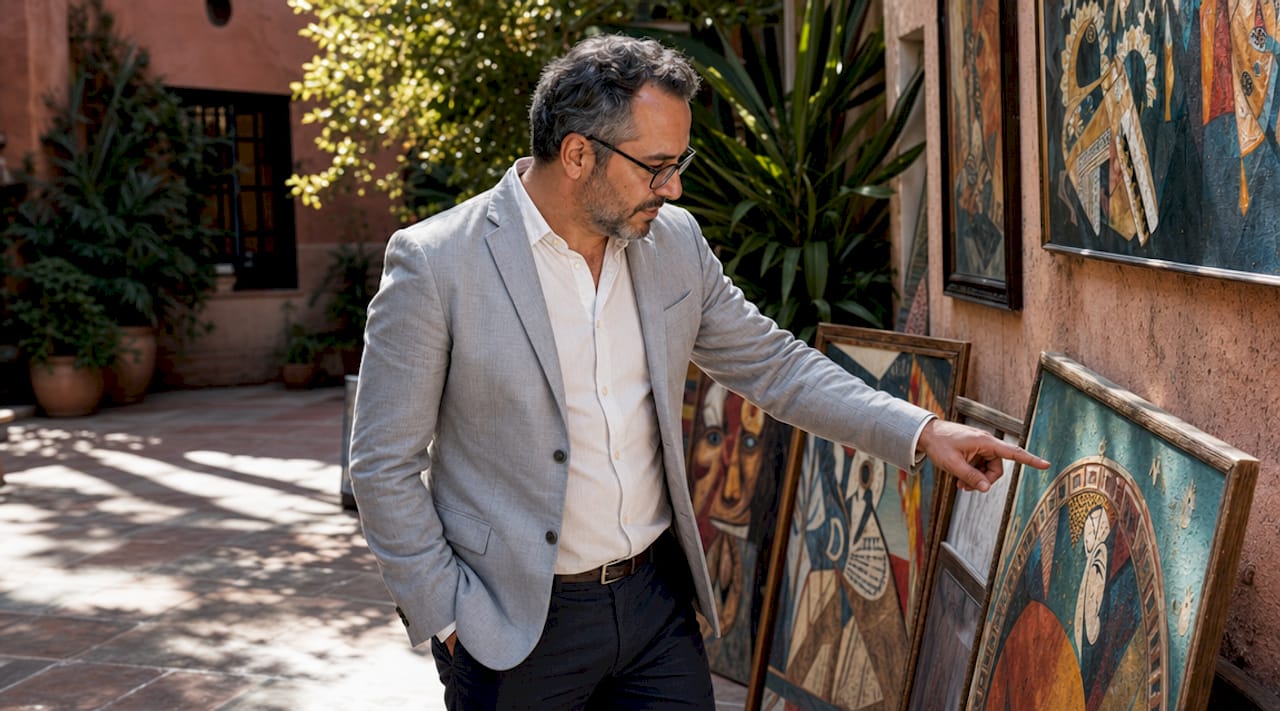 Man analyzing symbolic art in gallery
