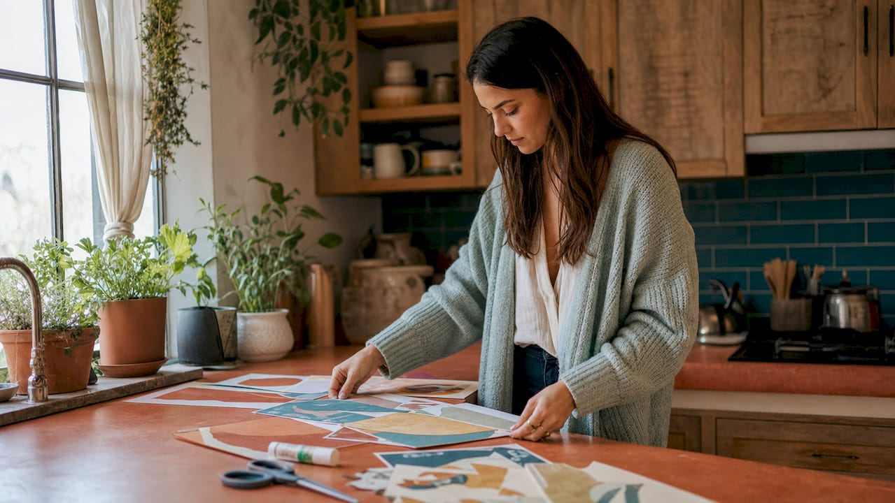 Hands arranging art prints on table in apartment