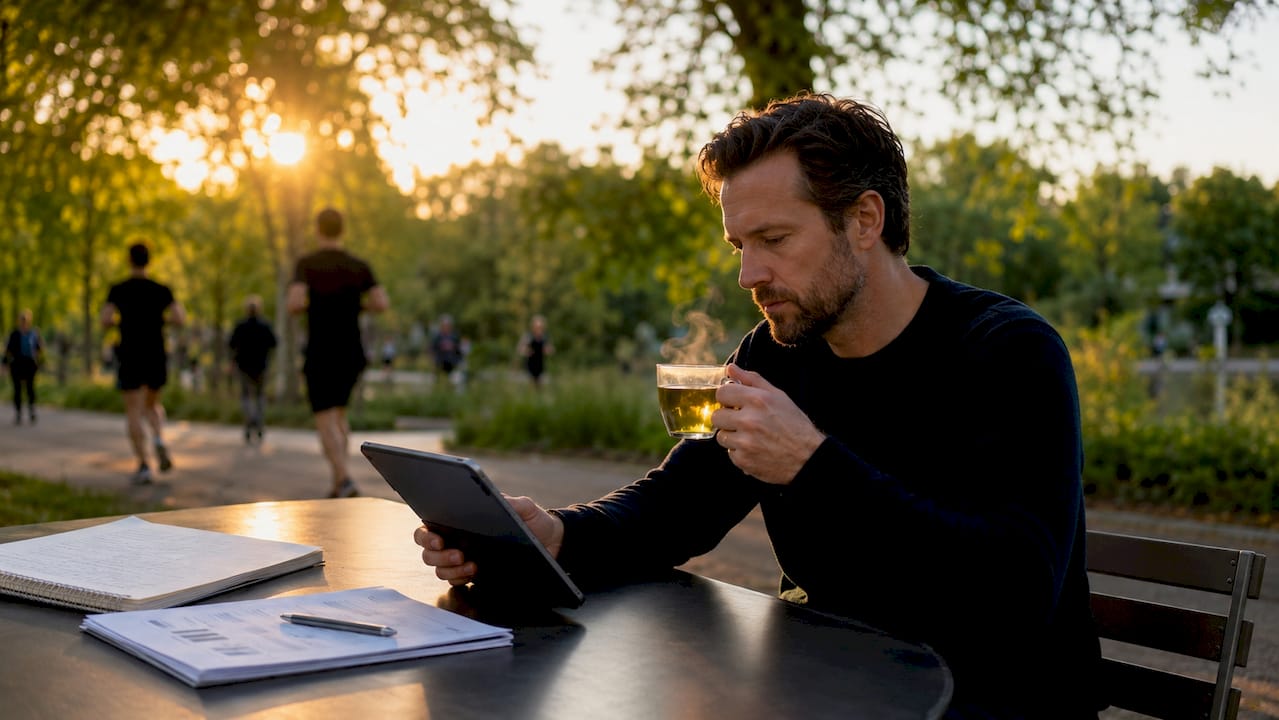 In een gezellig café buigen een paar handen zich aandachtig over het analyseren van eigen klantgegevens.