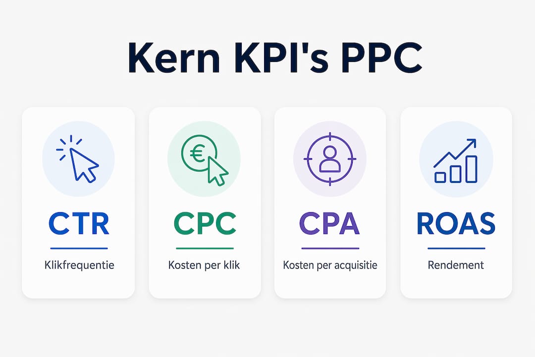 Infographic met de belangrijkste PPC-kengetallen: CTR, CPC, CPA en ROAS overzichtelijk in beeld gebracht.