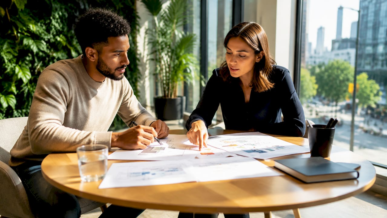 Twee marketeers die samen brainstormen over de beste strategie voor hun kanalen.