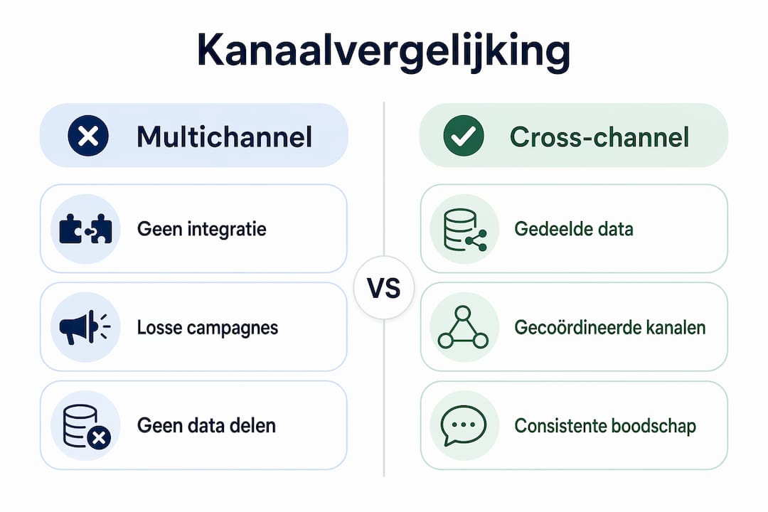 Overzichtelijke infographic waarin de verschillen tussen multichannel en cross-channel marketing helder worden uitgelegd.