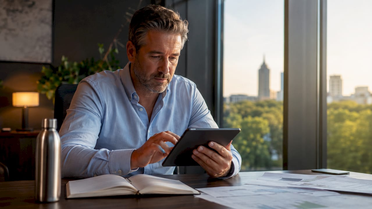 Een horecamanager maakt gebruik van een digitaal keuzemenu op zijn tablet.