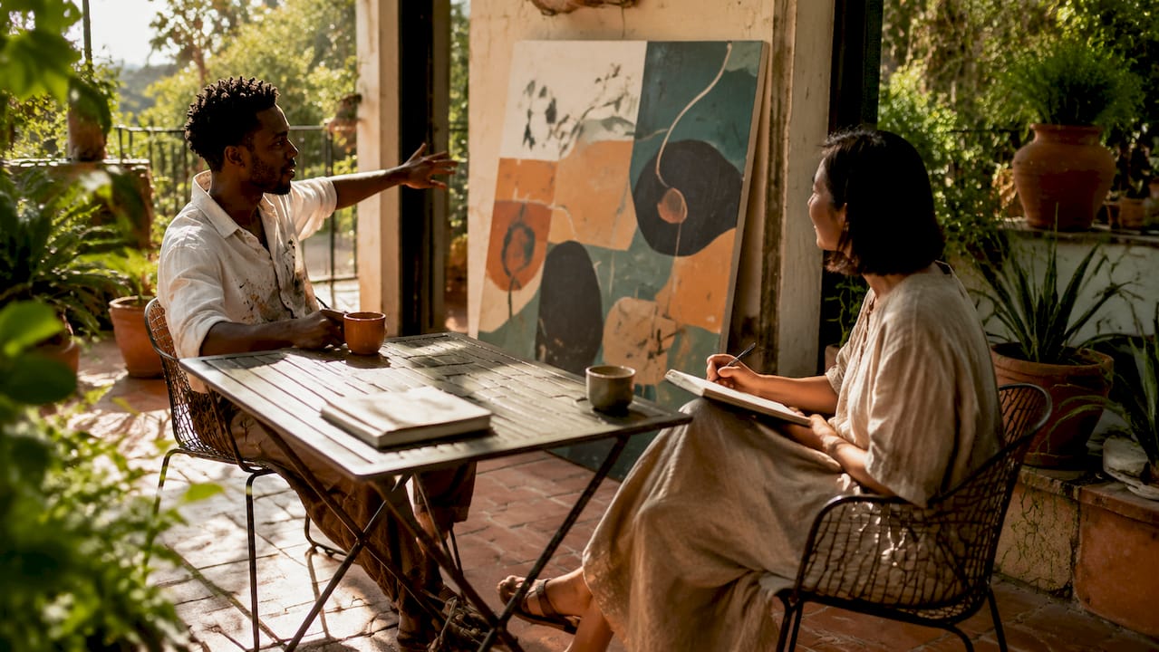 Artist and client collaborating on bespoke art design
