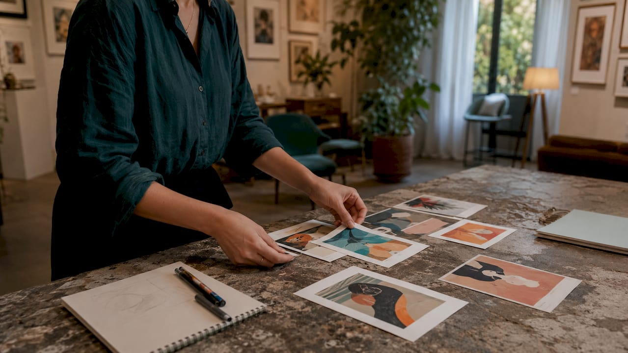 Curator hands arranging artwork prints on table