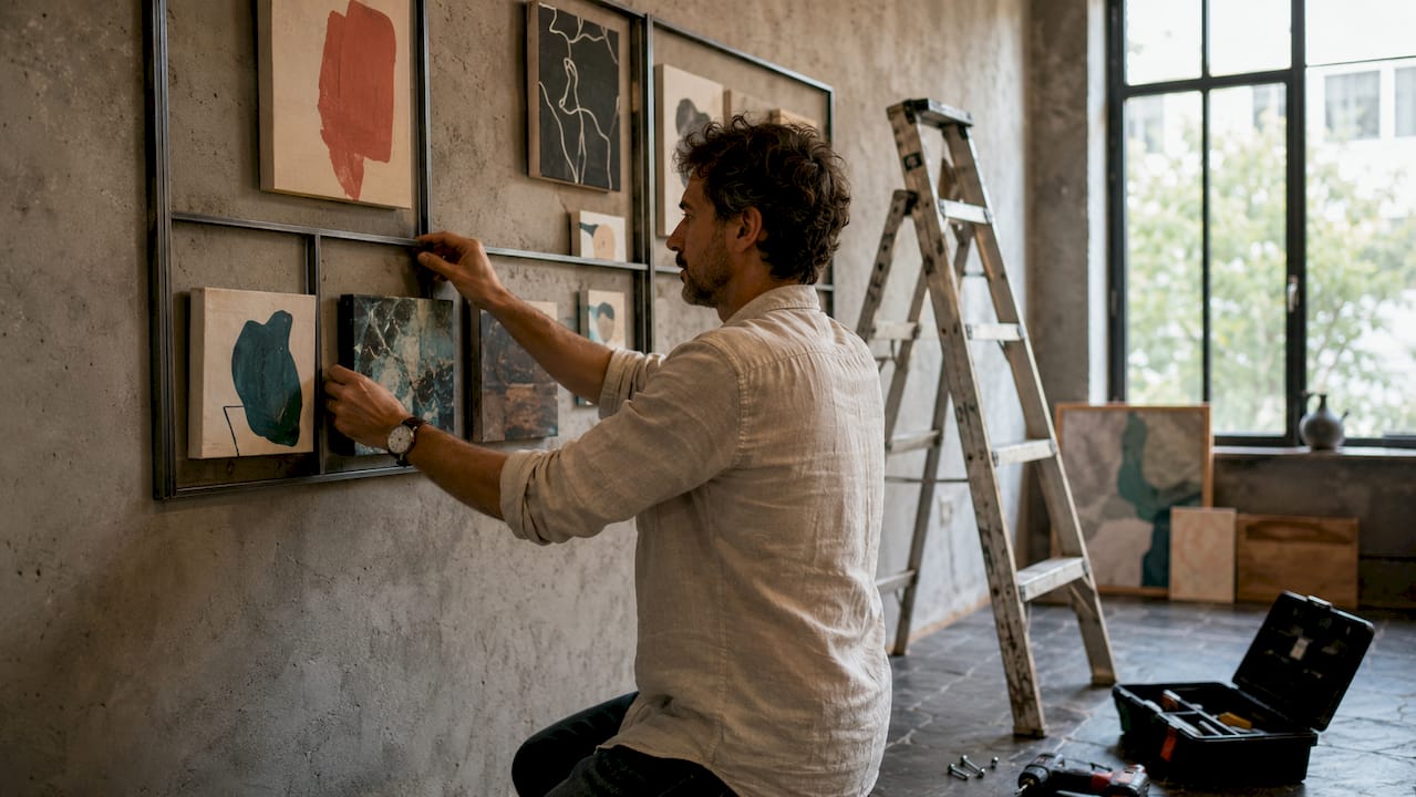 Hands installing modular artwork display frames