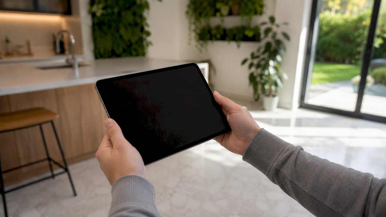Detailopname van handen met een tablet op de bank in de woonkamer