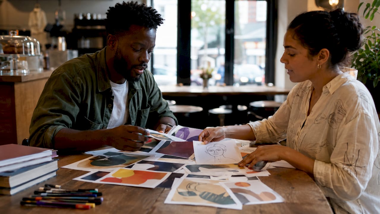Hands sorting contemporary art style prints on table