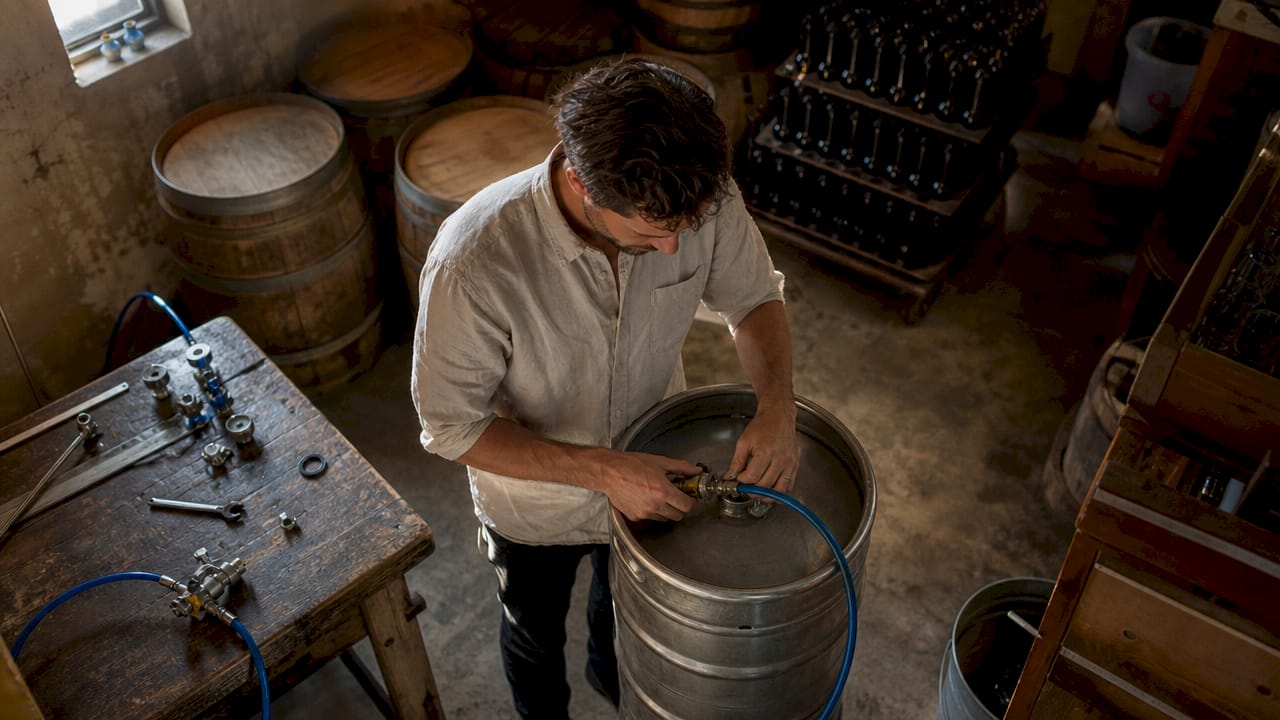 Een medewerker koppelt de bierleiding aan het fust in de koelcel.