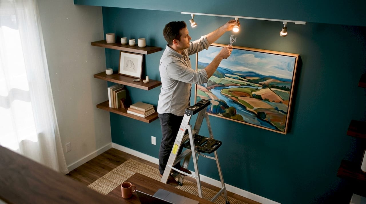 Technician adjusting lighting on artwork indoors