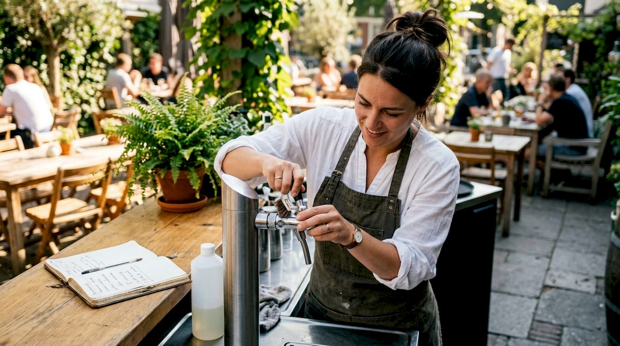 Een medewerker achter de bar maakt de tap schoon in het café.