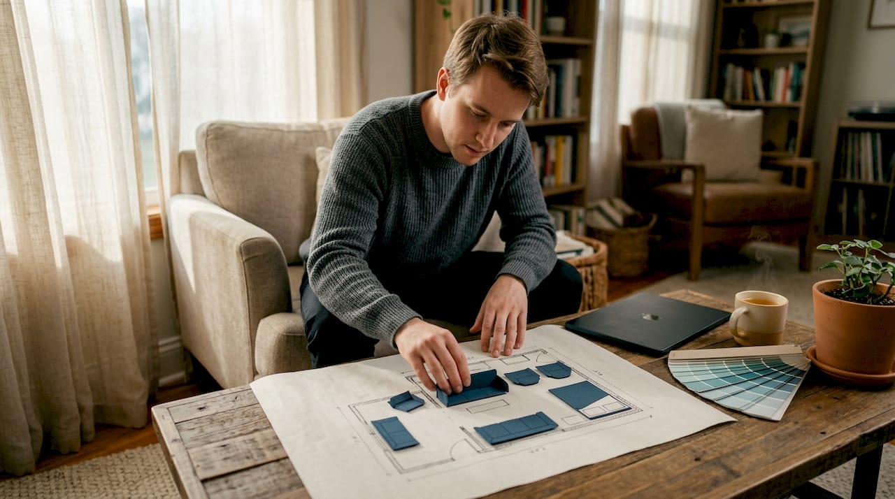 Hands arranging furniture plan and color palette