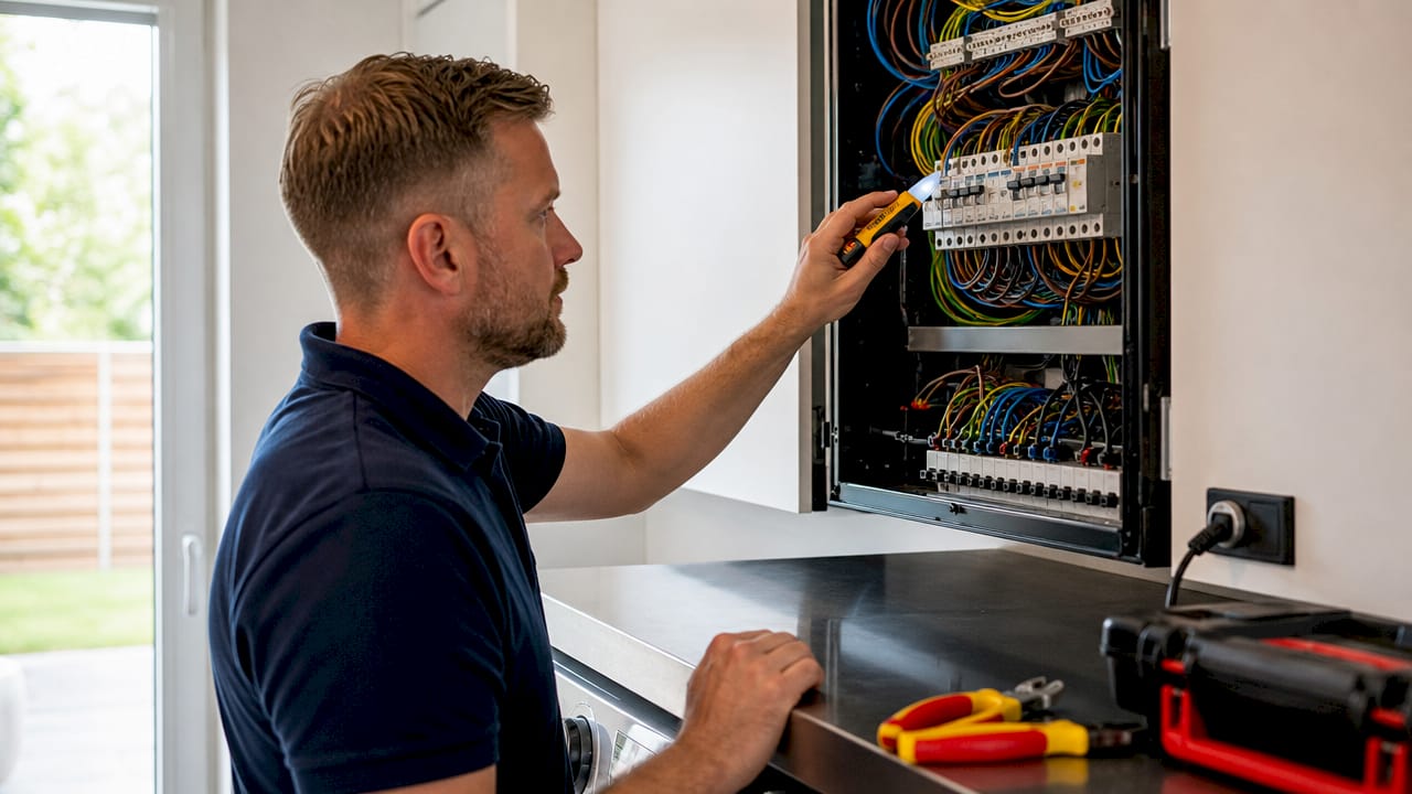 Met de handen wordt de bedrading in de meterkast gecontroleerd.