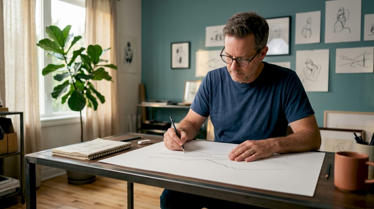 Artist sketching minimalist line art at desk
