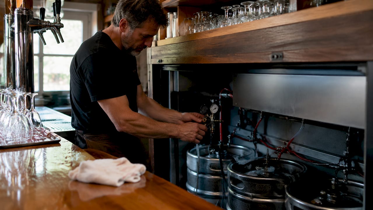 Achter de bar stelt de barman de tap af.
