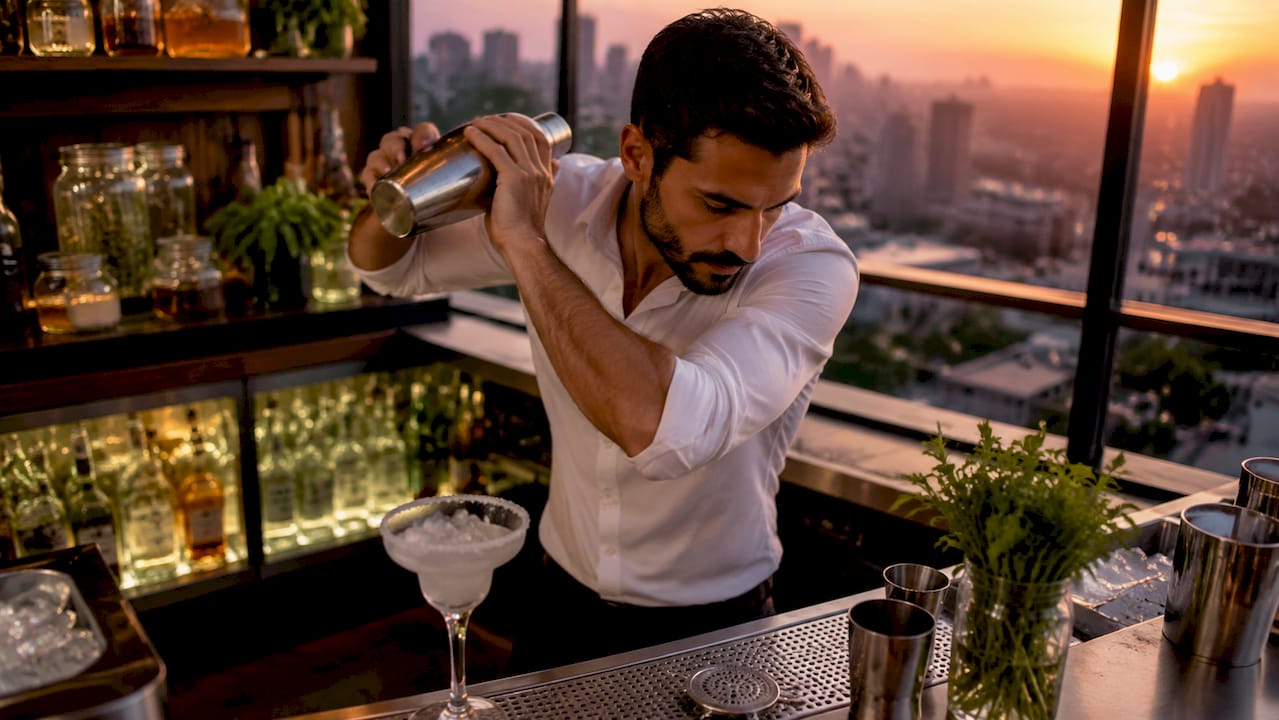 Een bartender shaket een perfecte klassieke Margarita voor je klaar.