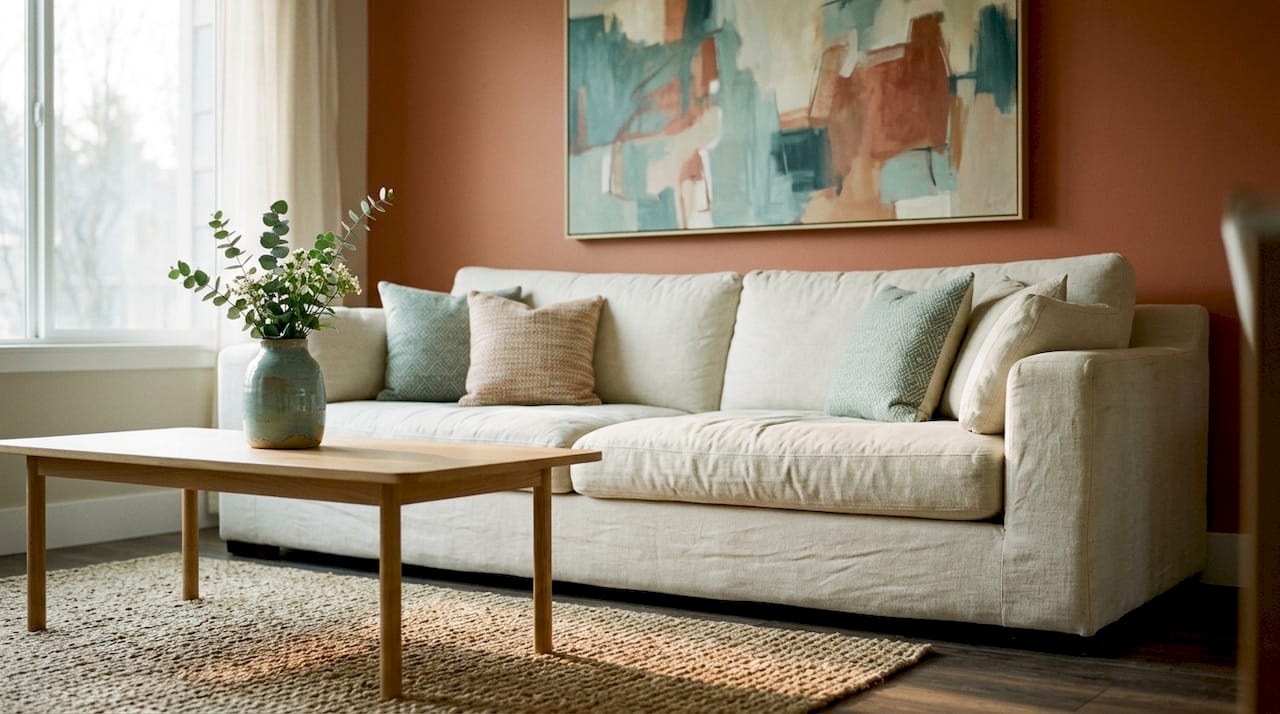 Art hanging proportionally above sofa in modern living room
