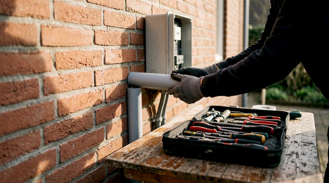 Detailopname van handen die bezig zijn met het aanleggen van een elektrabuis