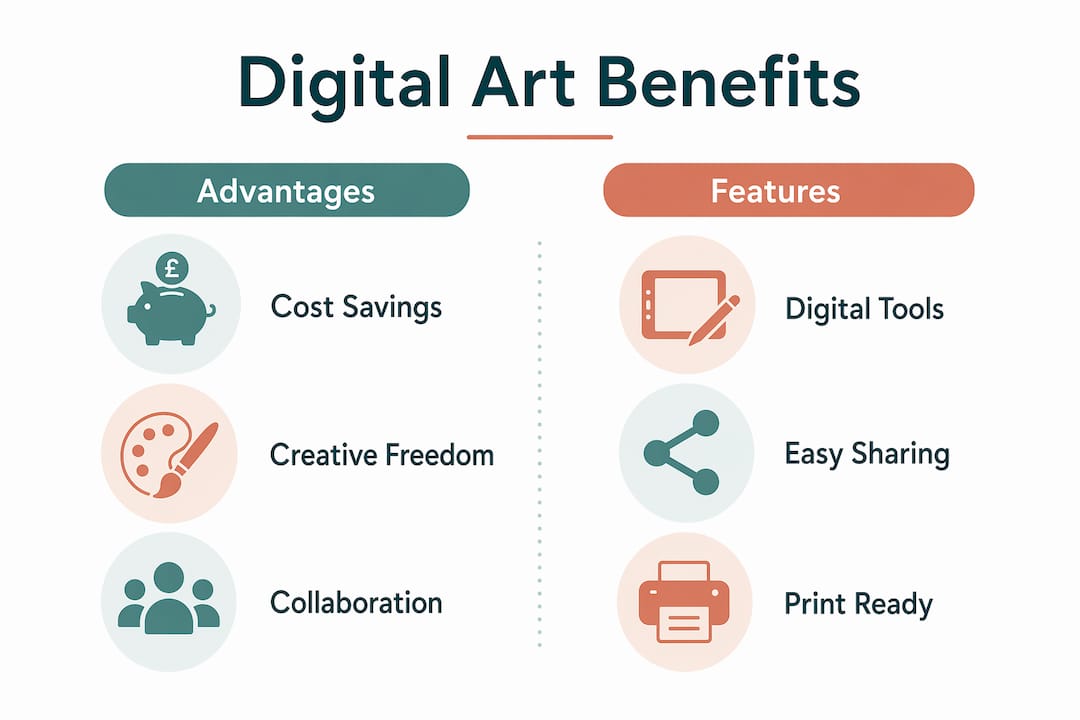 Infographic showing digital art benefits and features