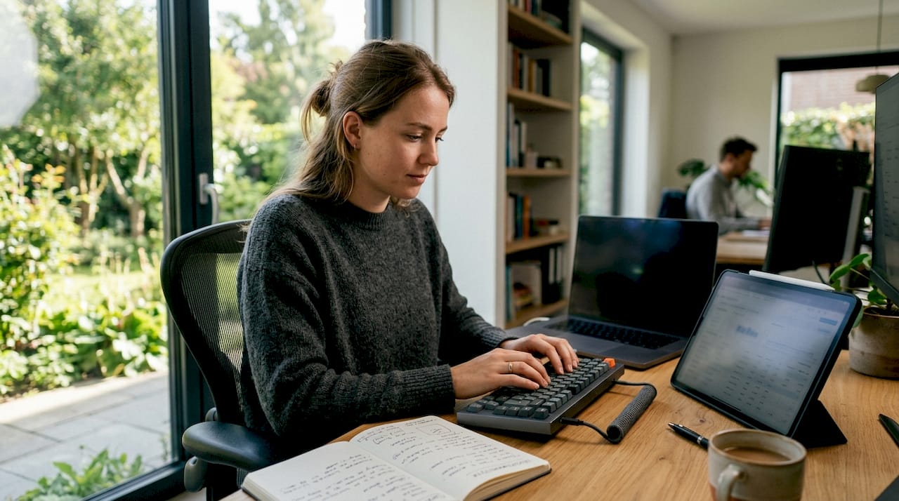 Iemand zit te typen op een toetsenbord terwijl er notities en een tablet bij de hand liggen.