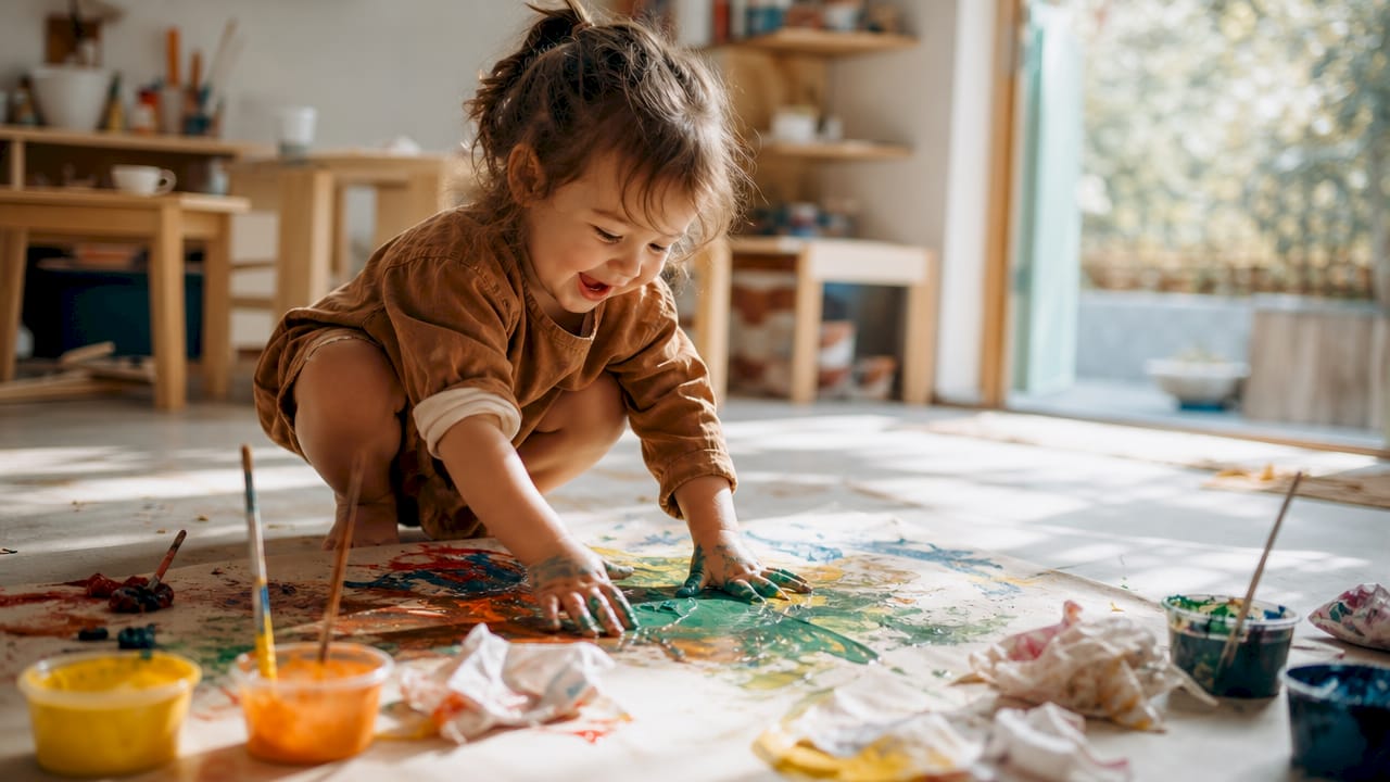 Toddler hands painting in preschool art area