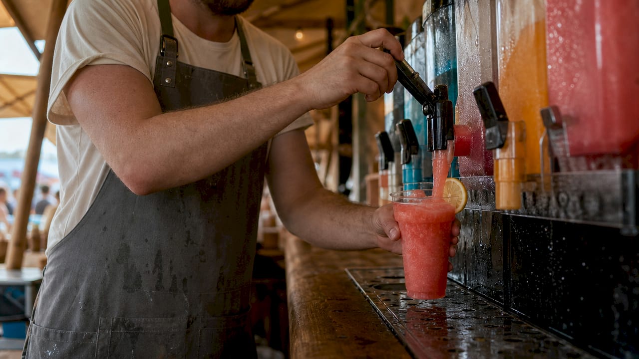 De barman tapt een ijskoude cocktail rechtstreeks uit het vat.