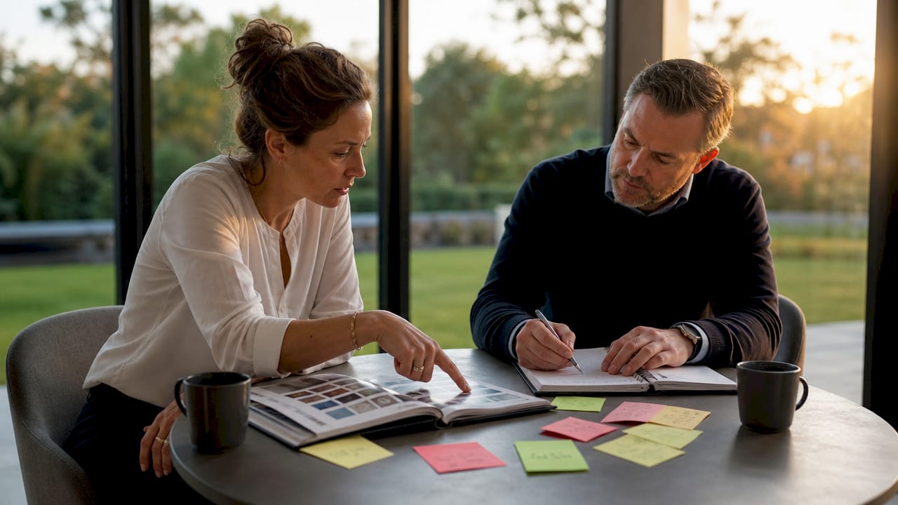 Twee collega’s zitten samen om tafel om nieuwe strategieën te bedenken voor het combineren van producten.