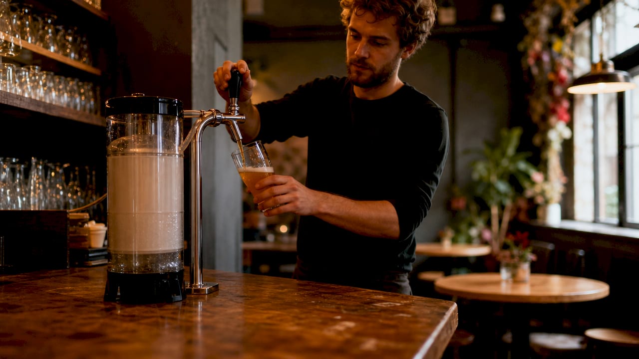 Achter de bar tapt de barman bier uit het KeyKeg-systeem.