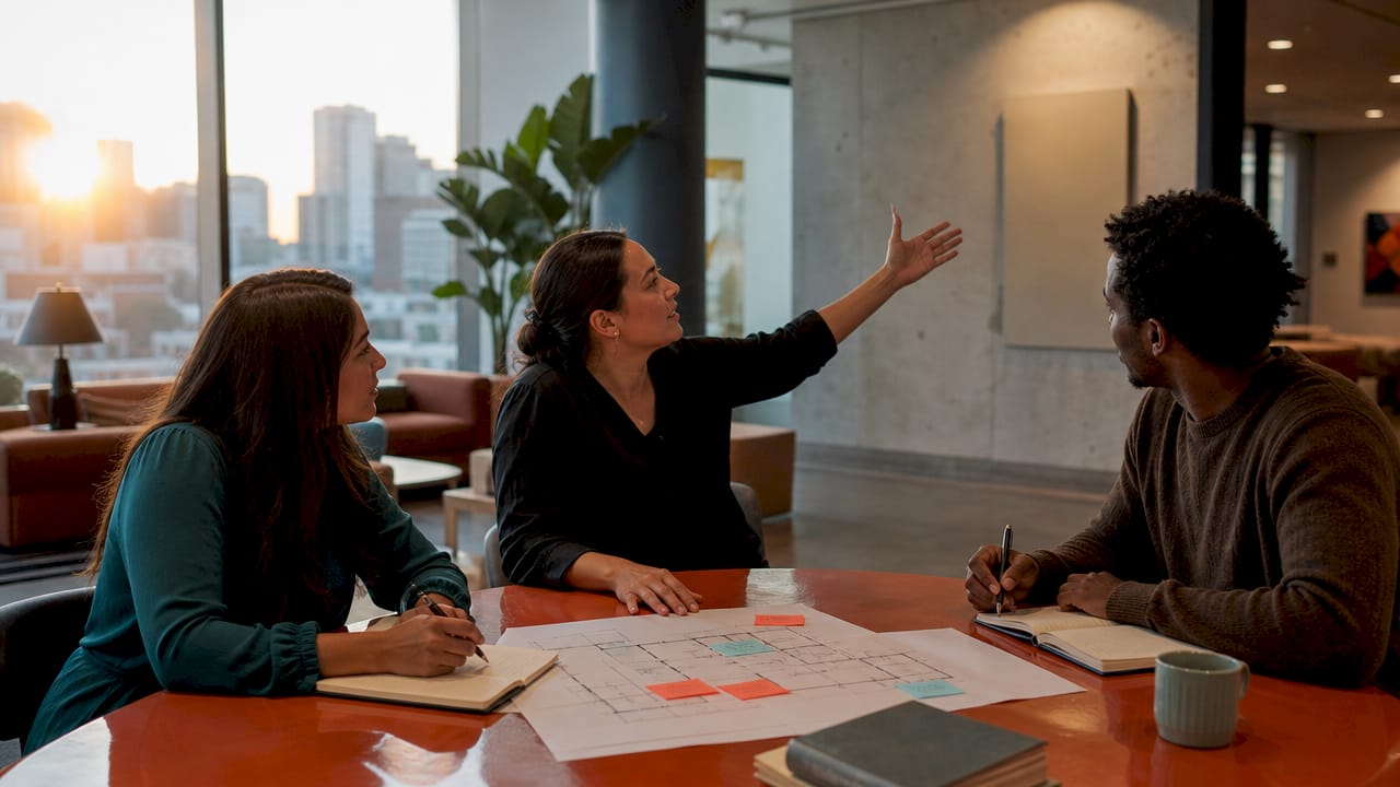 Team discussing lobby artwork layout from above