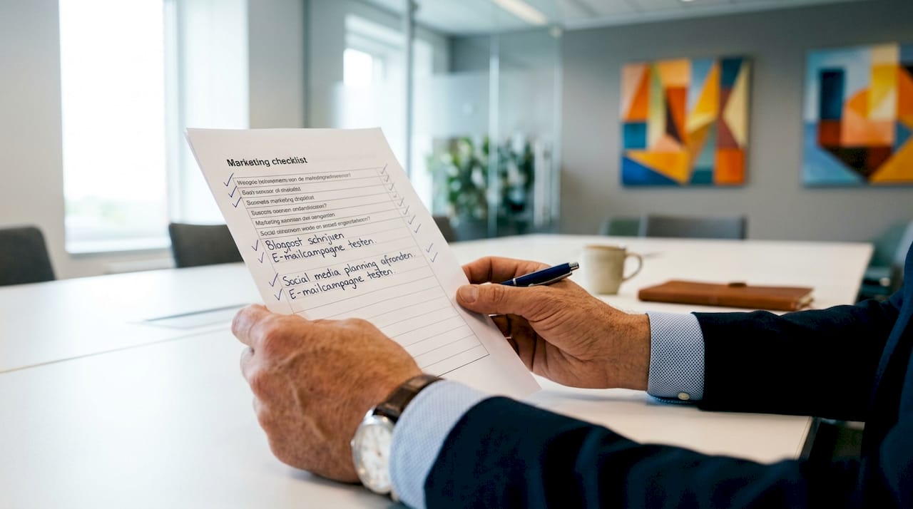 Een close-up van handen die een checklist vasthouden, waarop aantekeningen zijn gemaakt.