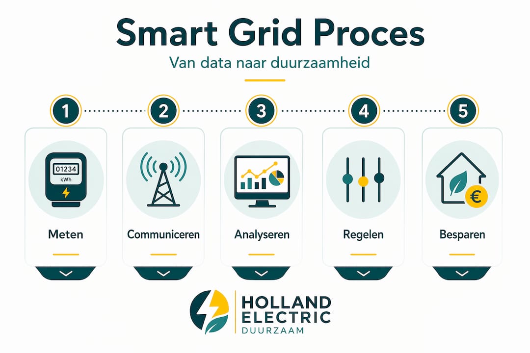 Overzichtelijke infographic met de vijf belangrijkste stappen van een smart grid in beeld gebracht.