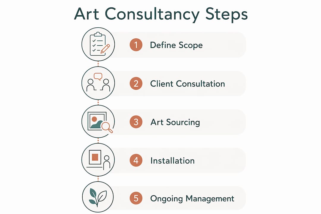 Infographic illustrating steps in art consultancy process