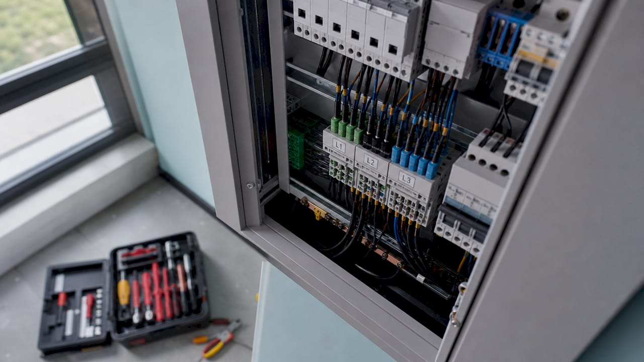 Detailopname van de bedrading in een groepenkast, duidelijk voorzien van de labels L1, L2 en L3.