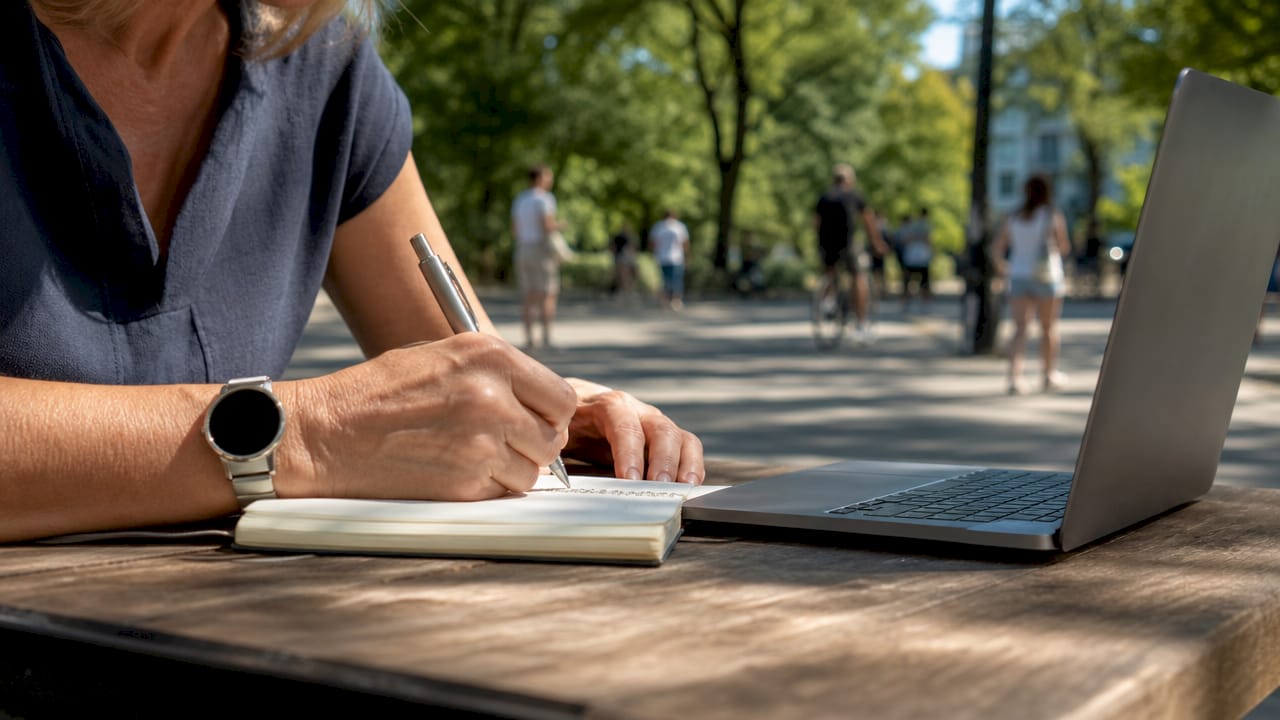 Iemand typt aantekeningen uit over een databeleid waarbij privacy vooropstaat