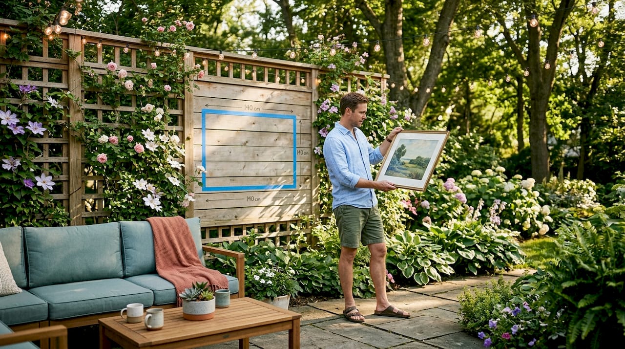 Man comparing artwork size above sofa