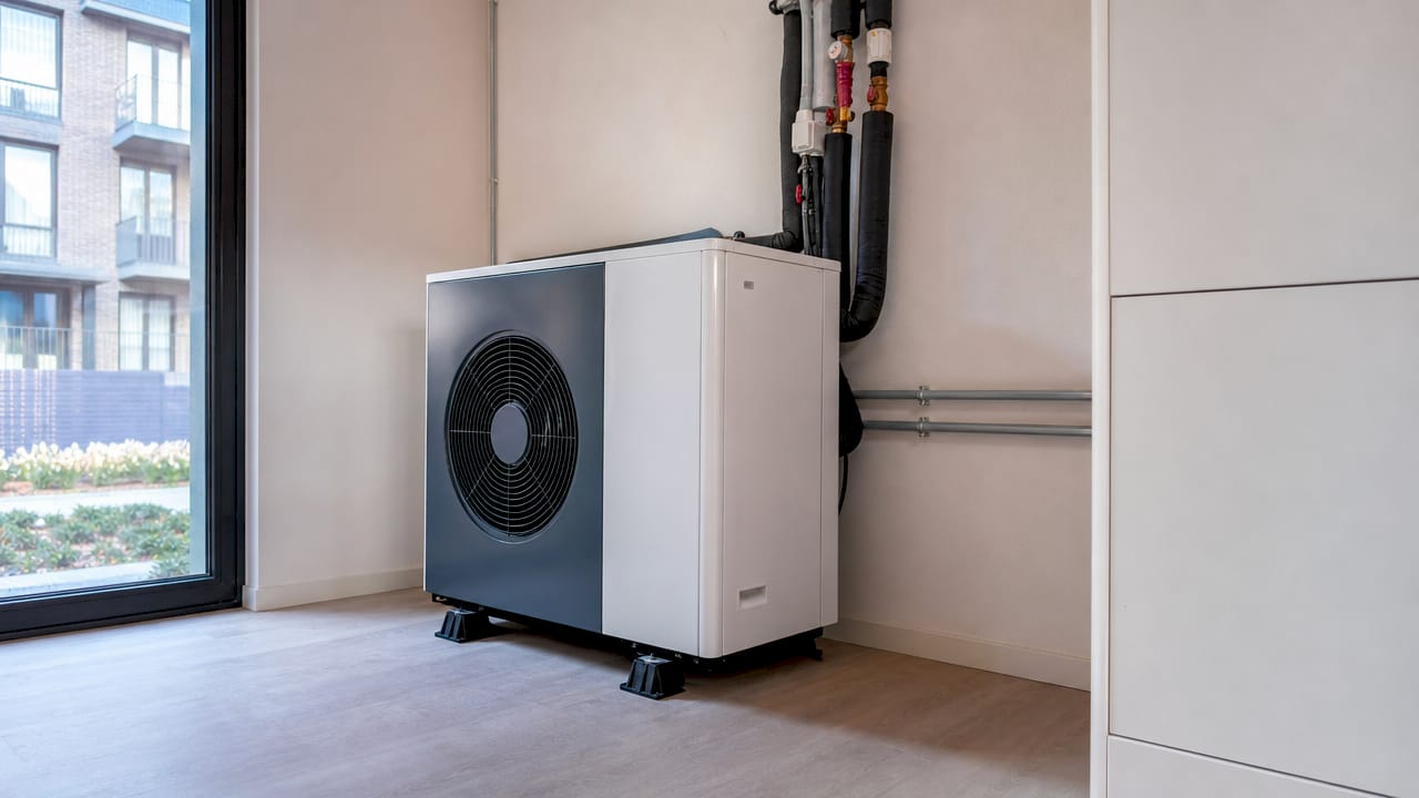 Monoblock hybride warmtepomp geplaatst in de technische ruimte