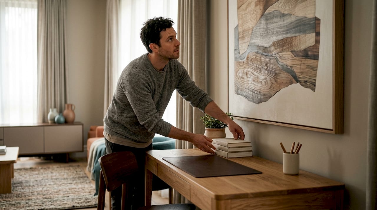 Man arranging cushions near fitted abstract artwork