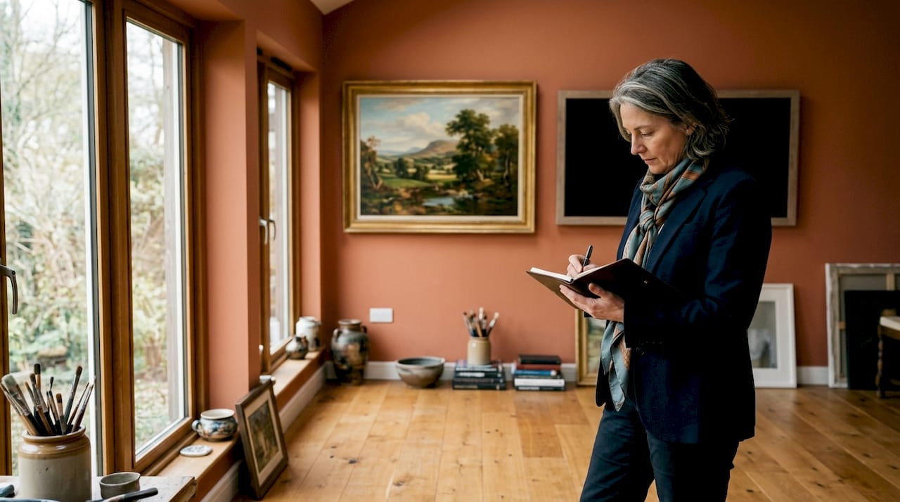 Curator examining hybrid digital and traditional art display