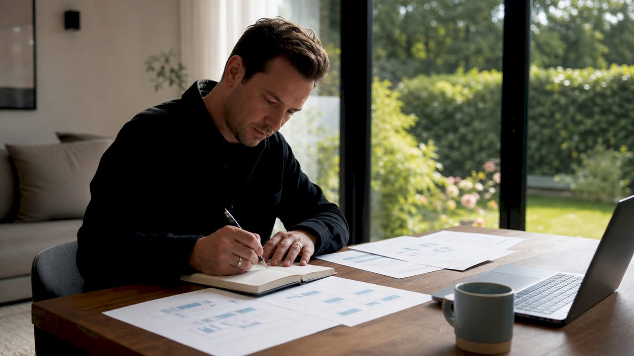 Een paar handen wijzen stap voor stap de belangrijkste onderdelen van het zoekwoordenonderzoek aan op een vel papier.