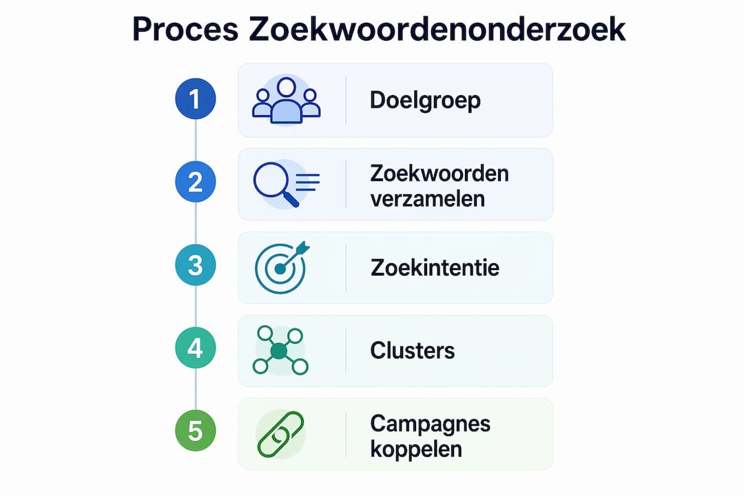 Infographic met de verschillende stappen van een goed zoekwoordenonderzoek