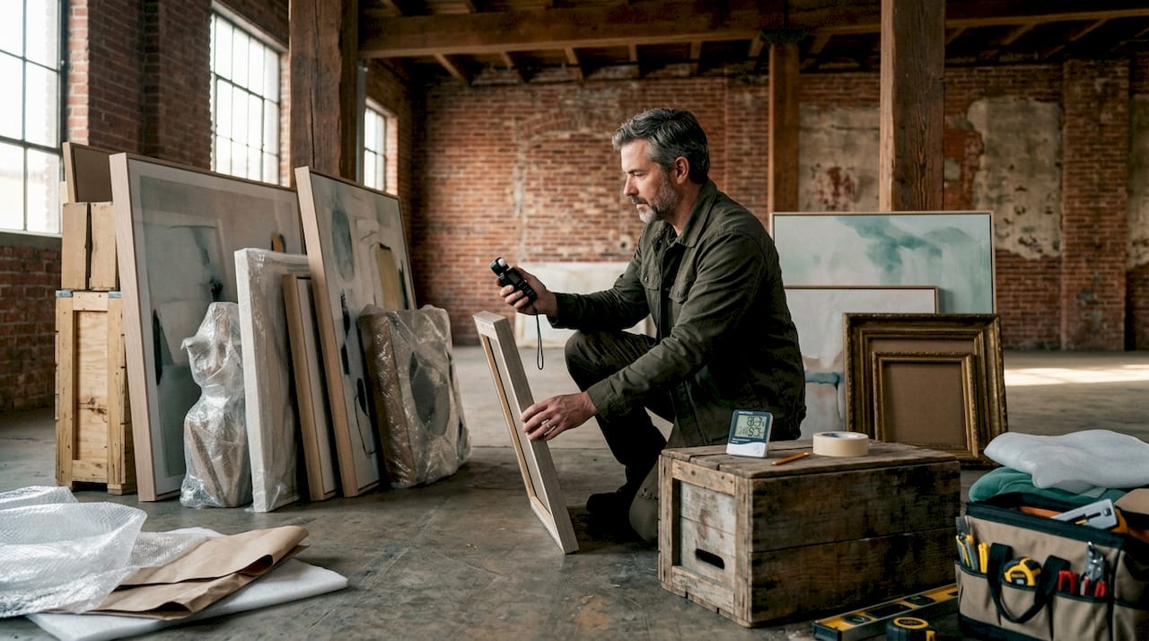 Art handler measuring lighting and humidity in gallery