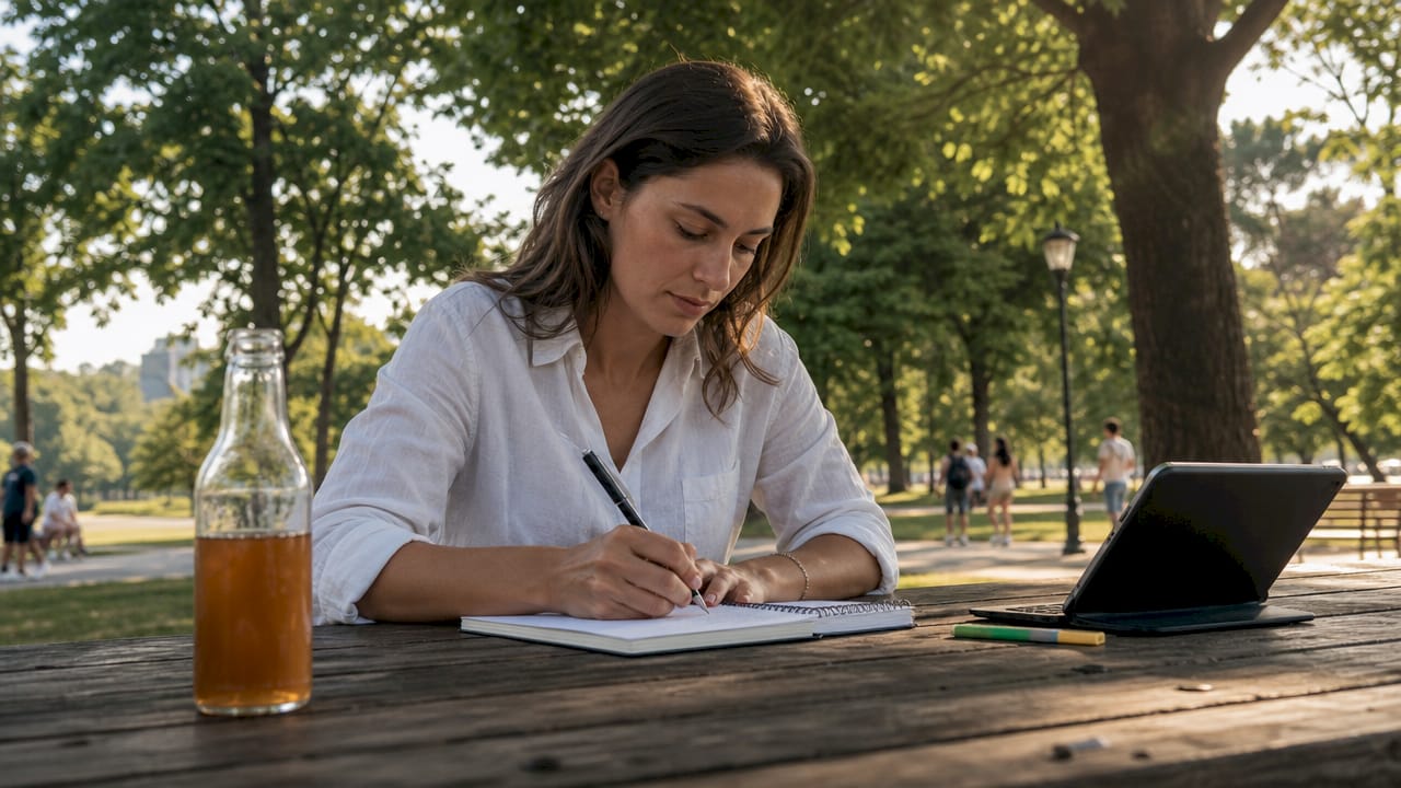 Een vrouw bekijkt haar webshopstatistieken op een tablet terwijl ze in een gezellig café zit.