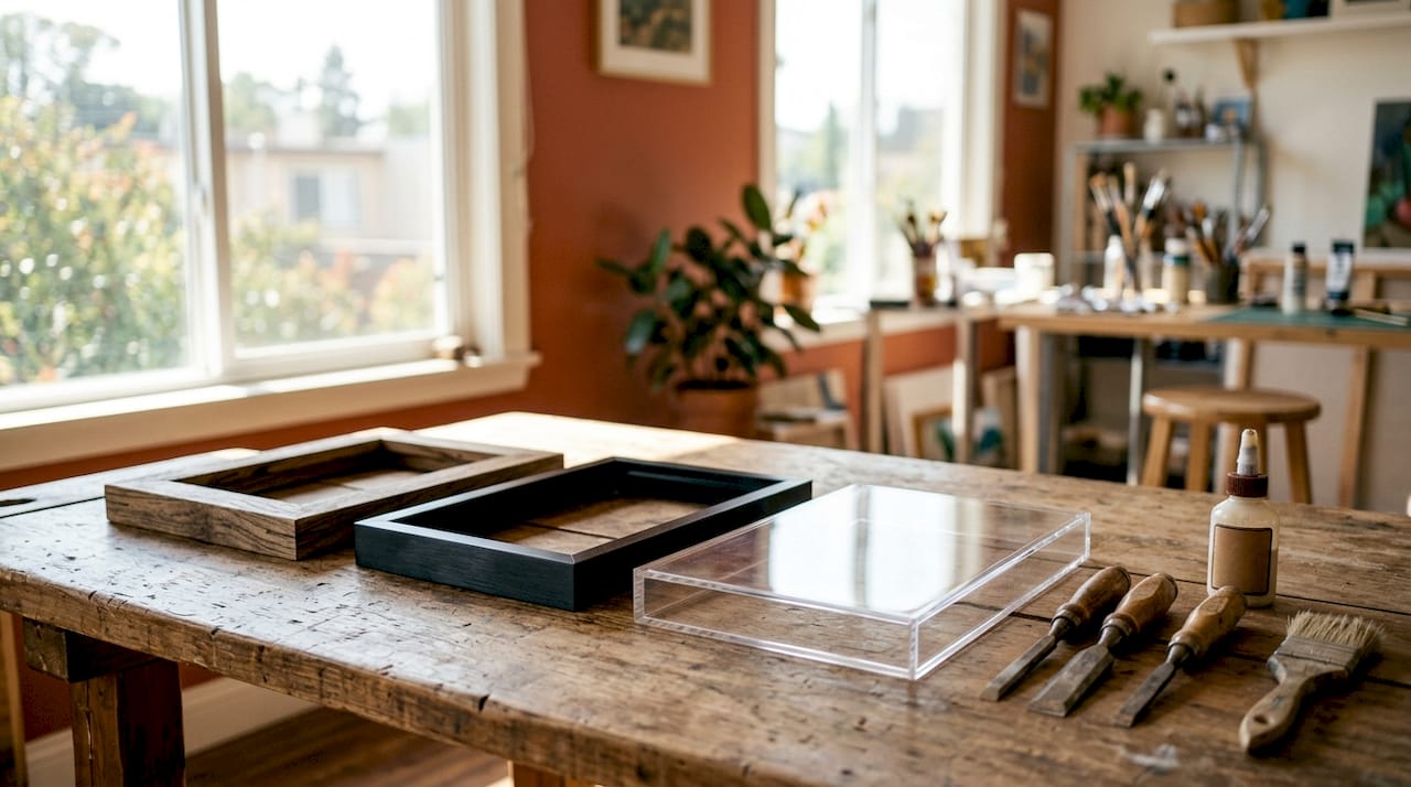 Samples of wood, metal, and acrylic frames