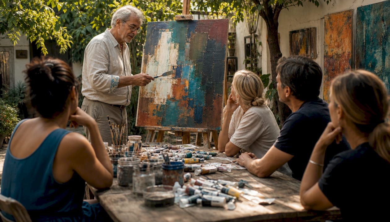 Art teacher demonstrating abstract painting technique
