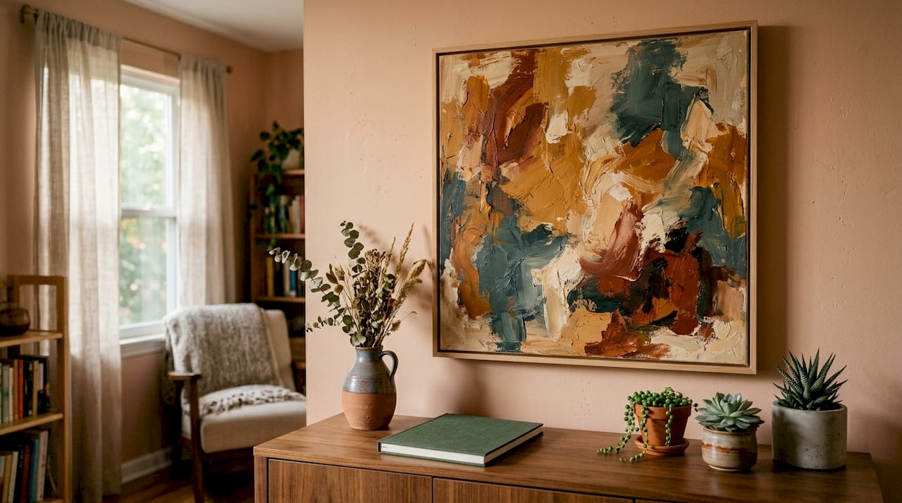 Textured abstract painting in warm home office