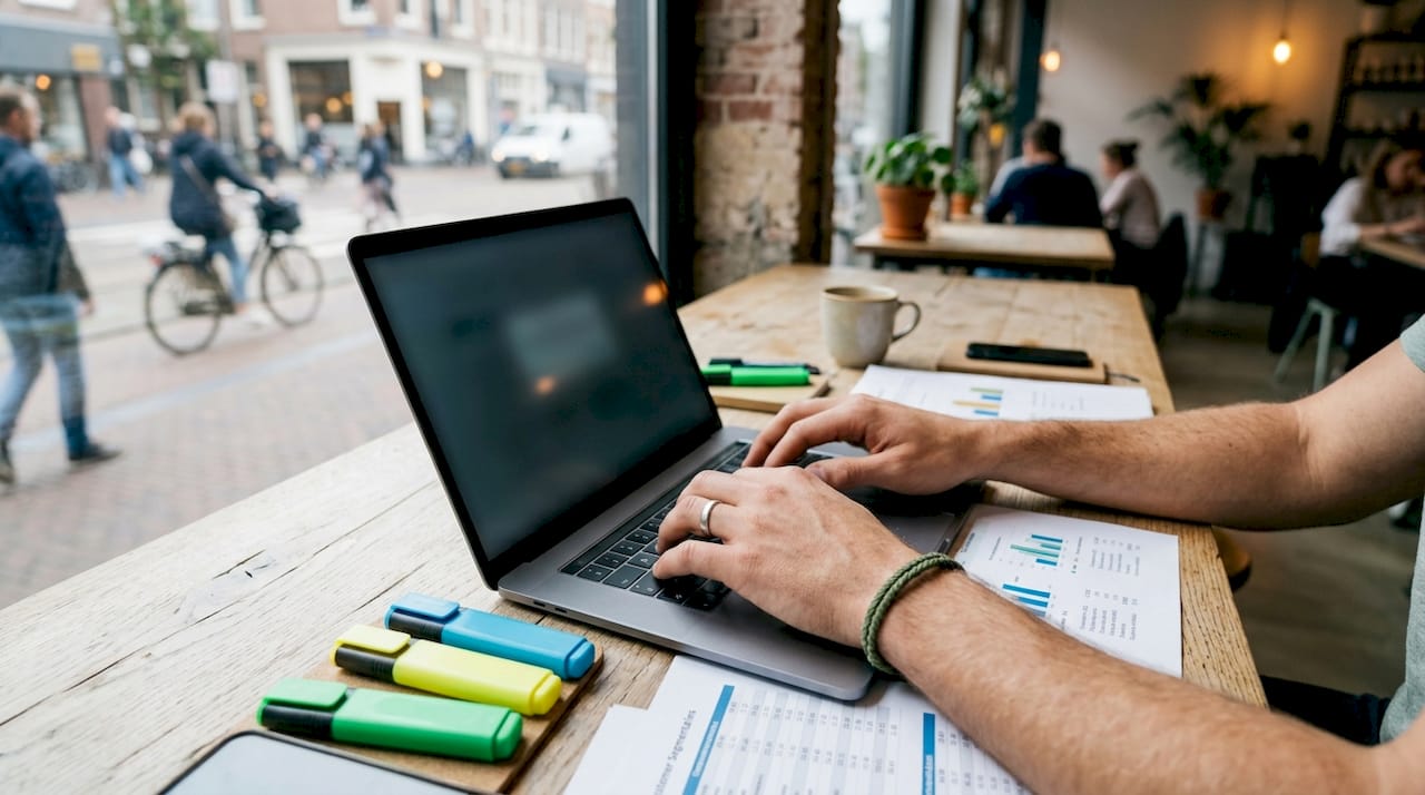 Iemand typt op een laptop terwijl er papieren met CRM-gegevens op het bureau liggen.
