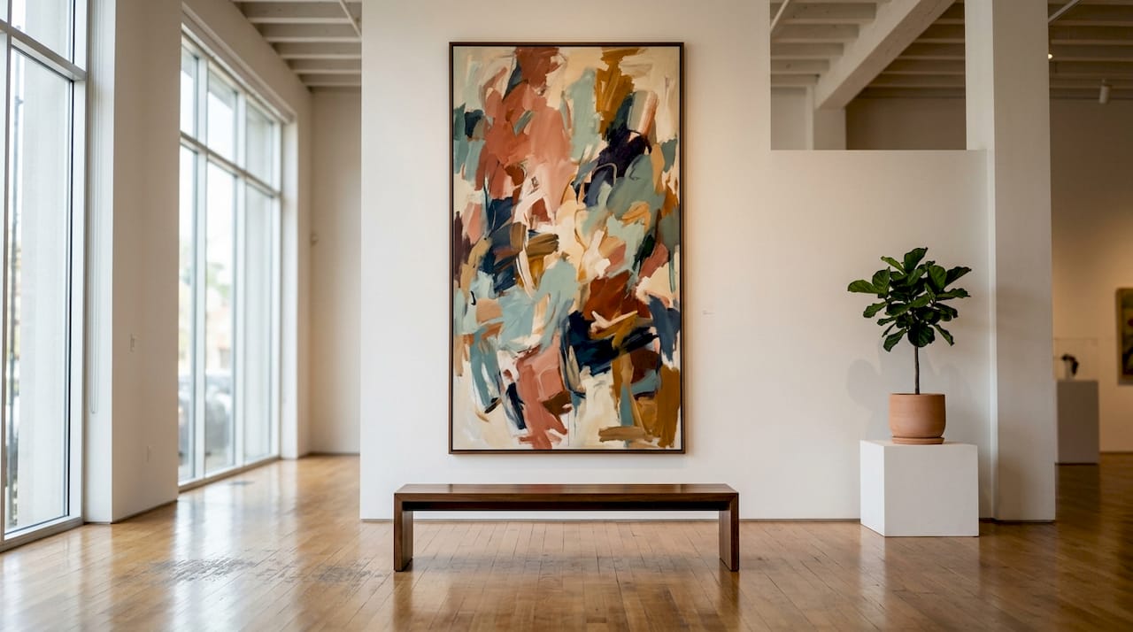 Vertical oversized artwork in loft enhancing space