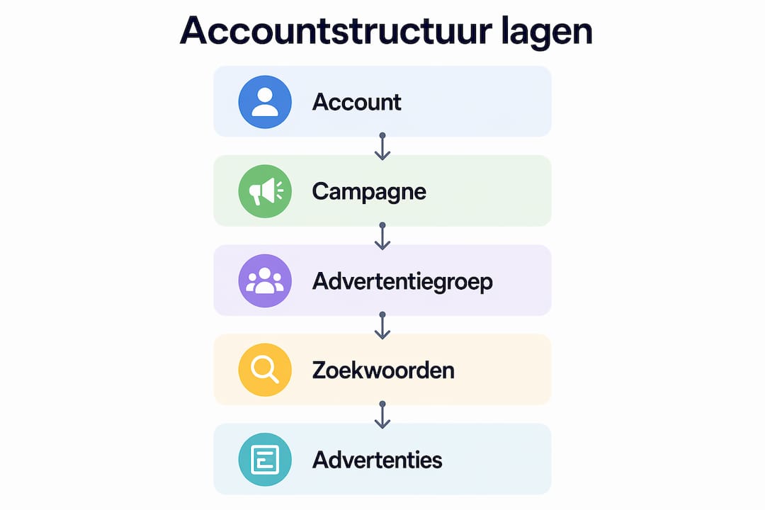 Infographic die de verschillende lagen binnen de structuur van een Google Ads-account inzichtelijk maakt